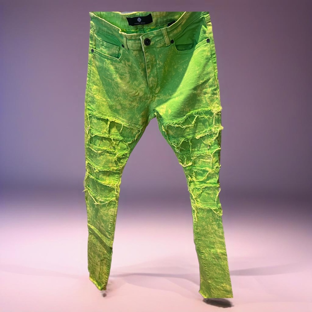 Focus Jeans Men’s 38L Neon Green Distressed Skinny Fit